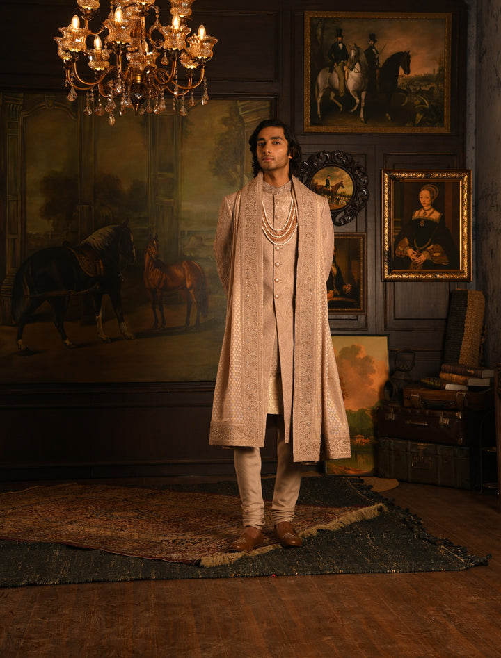Mughal Tapestry Sherwani: A Rose Gold Heirloom