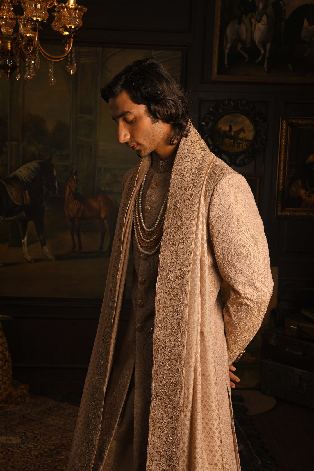 Mughal Tapestry Sherwani: A Rose Gold Heirloom