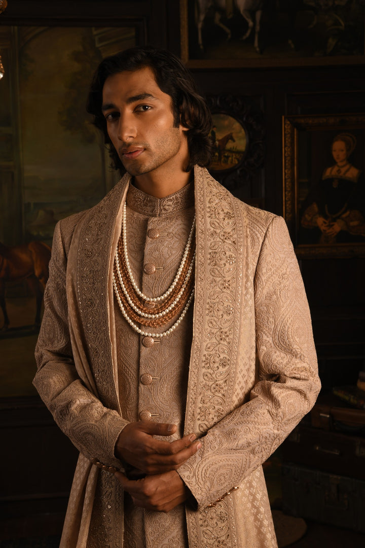 Mughal Tapestry Sherwani: A Rose Gold Heirloom