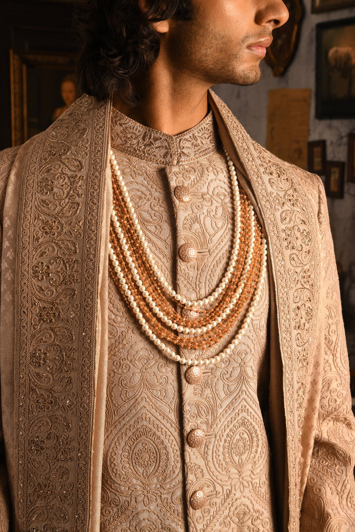 Mughal Tapestry Sherwani: A Rose Gold Heirloom