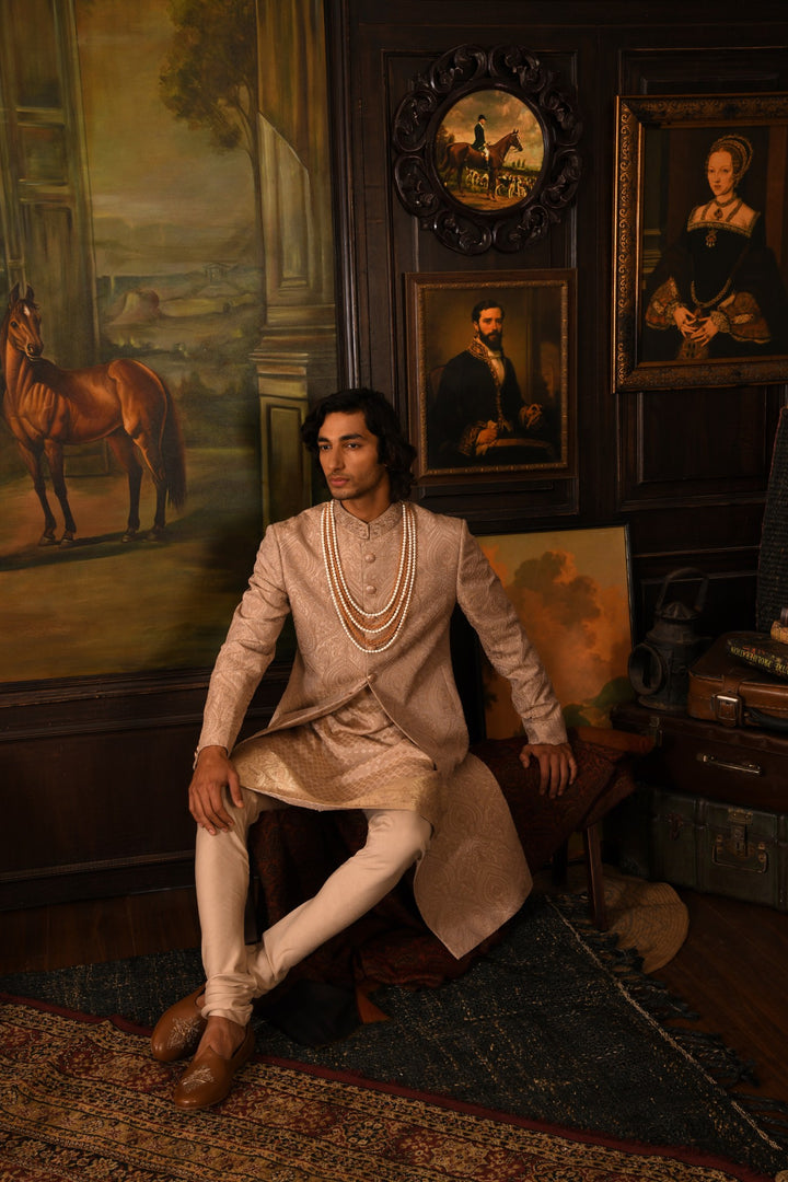 Mughal Tapestry Sherwani: A Rose Gold Heirloom