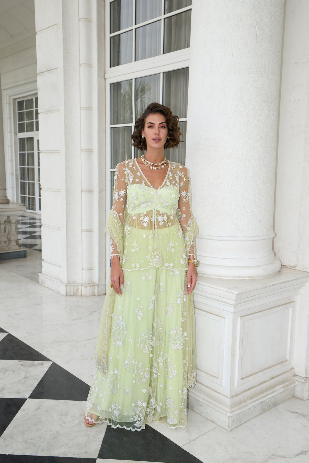 Lime Green Net Peplum Sharara Set
