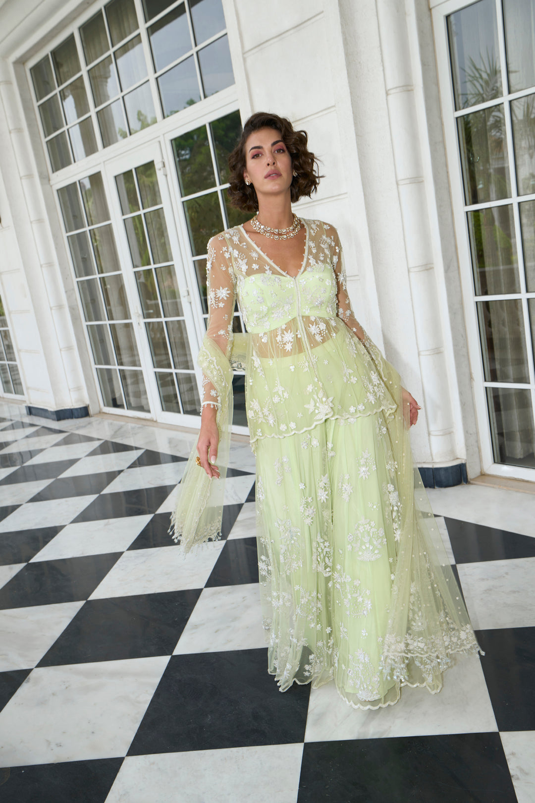 Lime Green Net Peplum Sharara Set