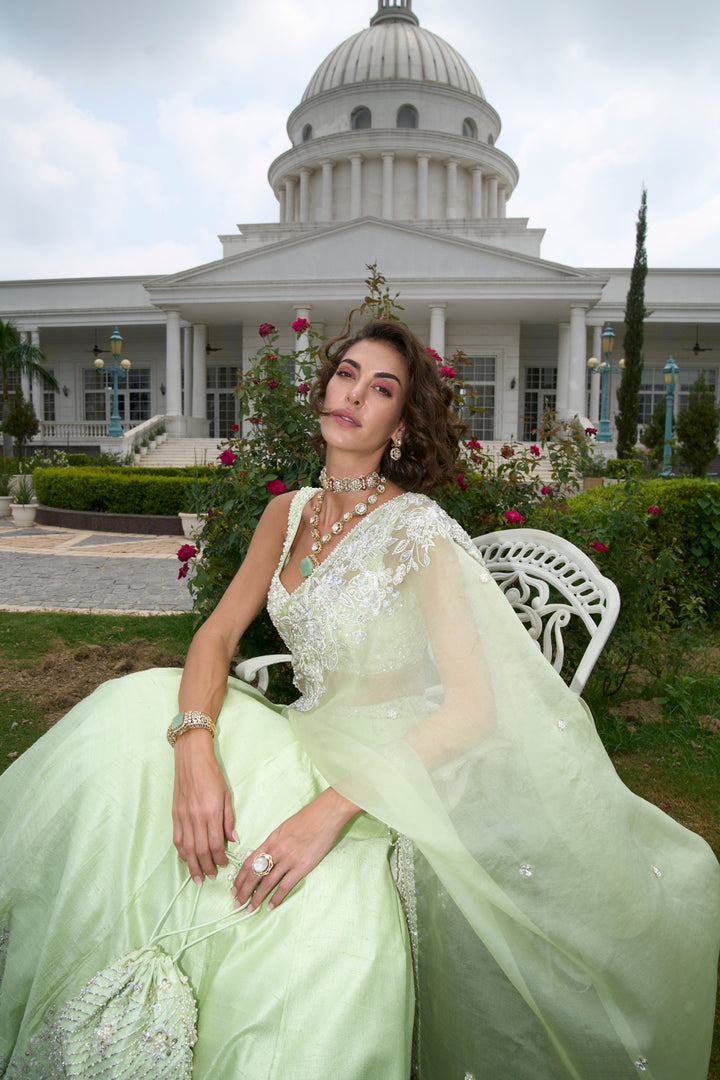 Green Raw Silk Lehenga