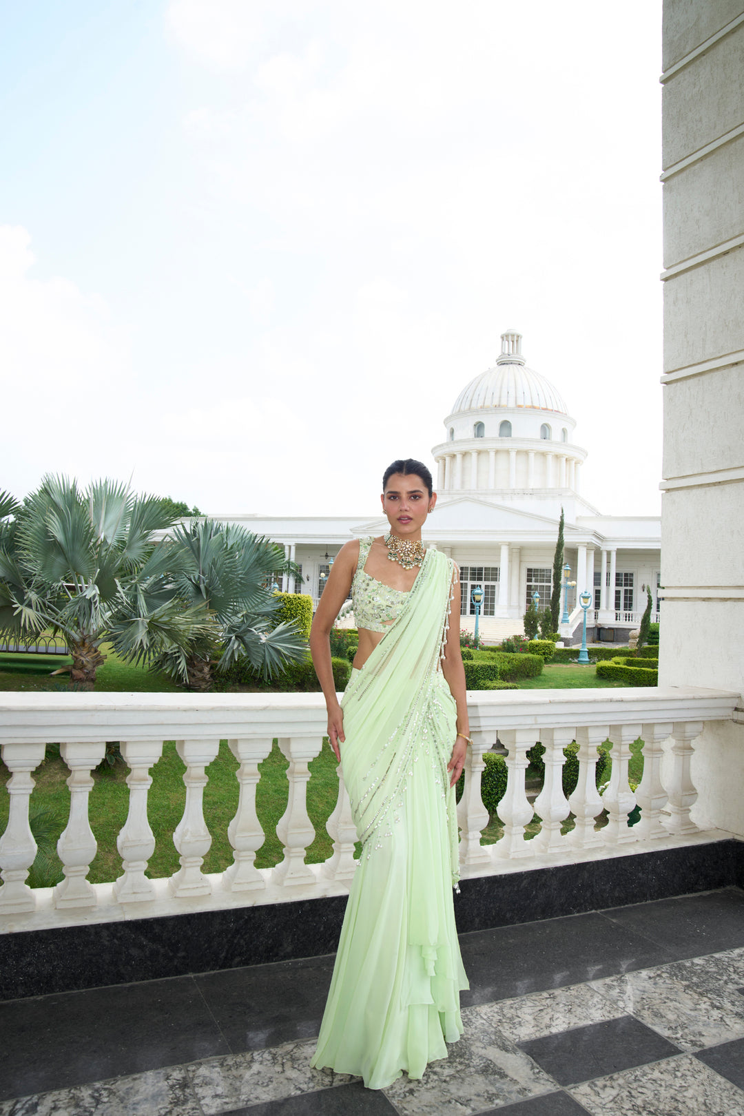 Lime Green Stitched Saree