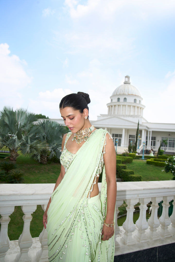 Lime Green Stitched Saree
