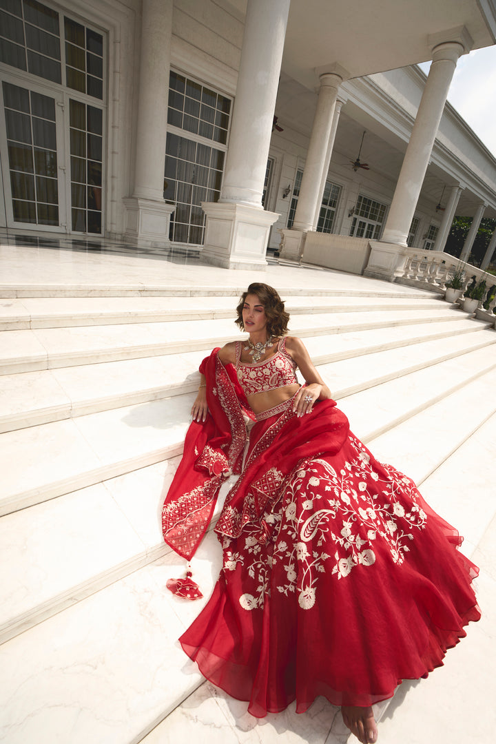 Red Organza Lehenga