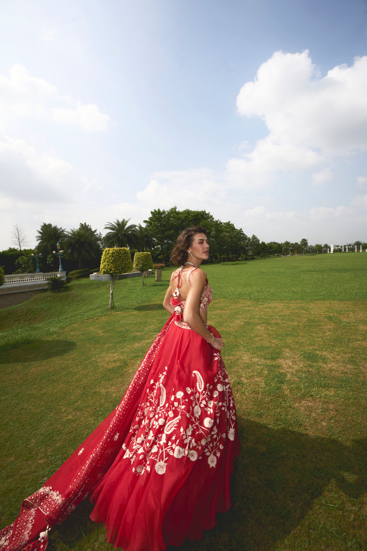 Red Organza Lehenga