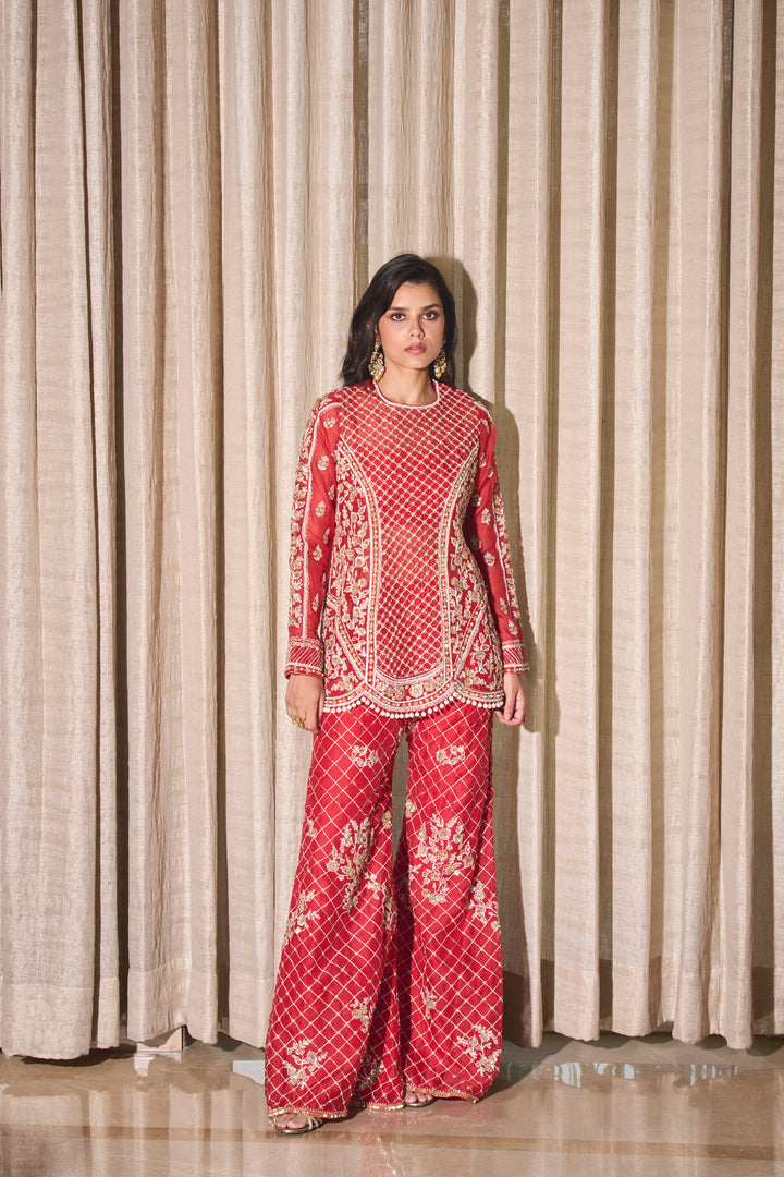 Red Organza Kurta And Pants