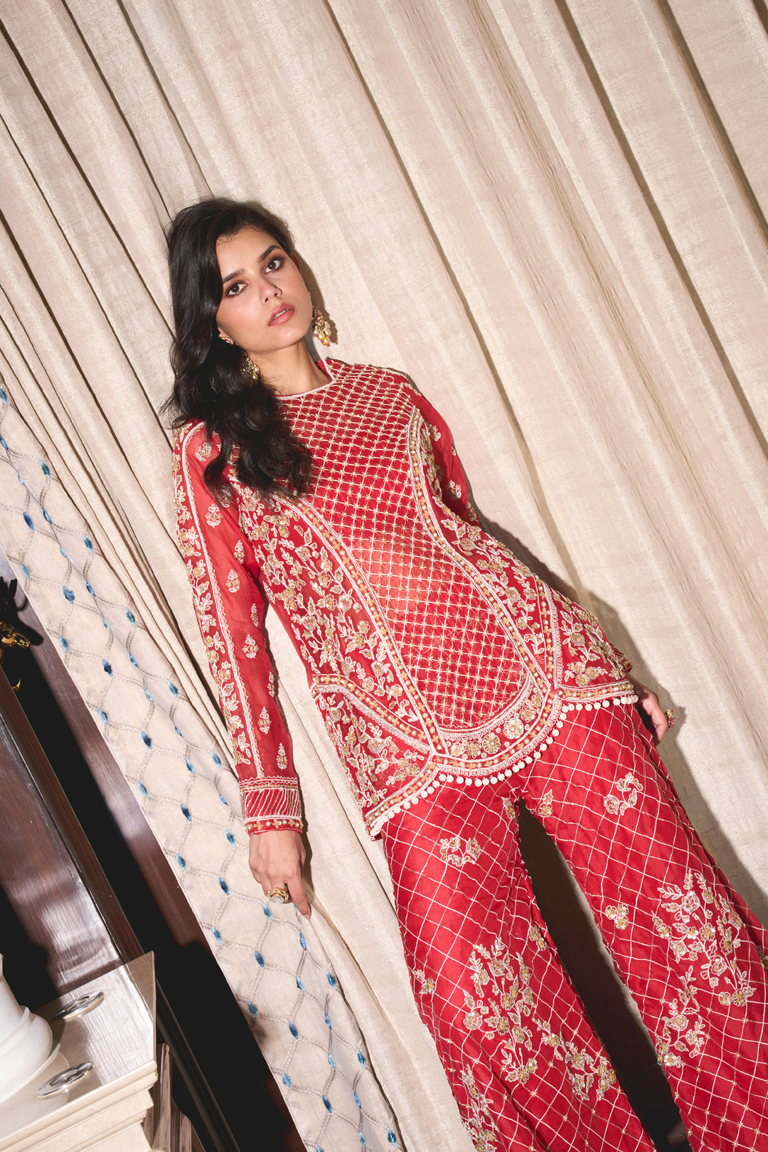 Red Organza Kurta And Pants