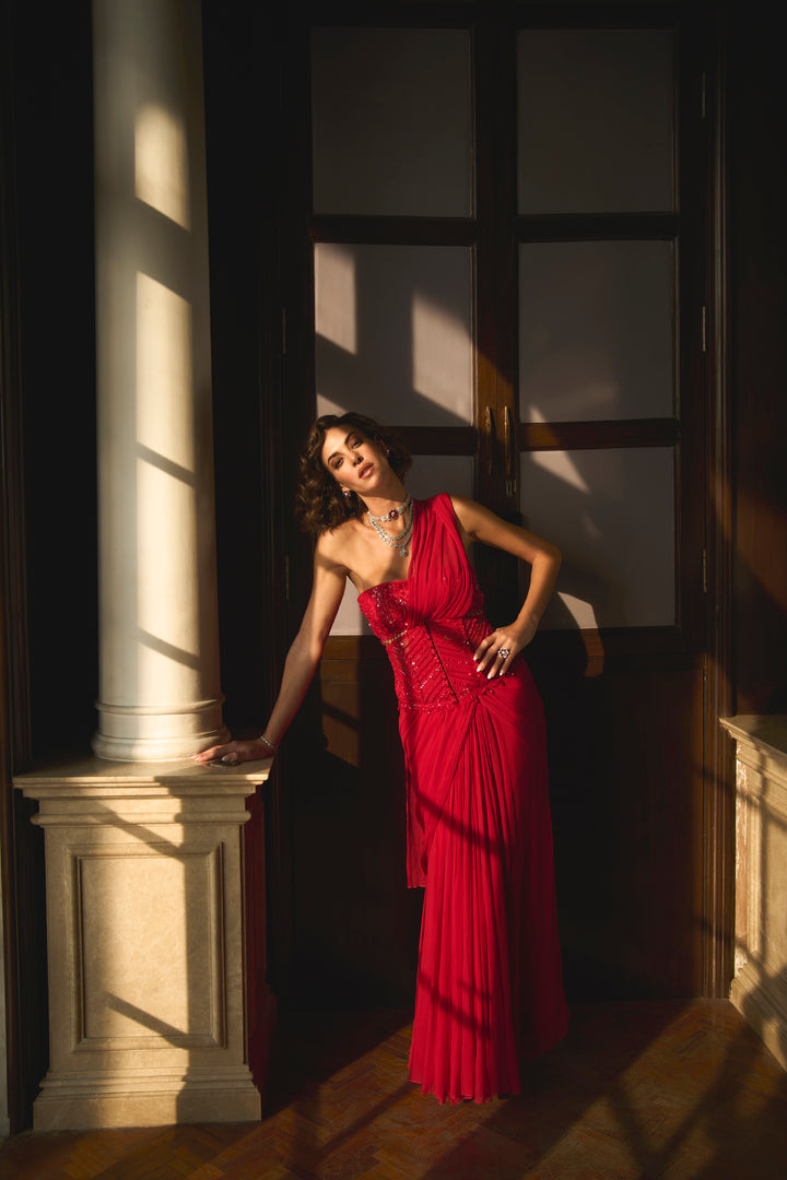 Red Bustier And Corset Saree