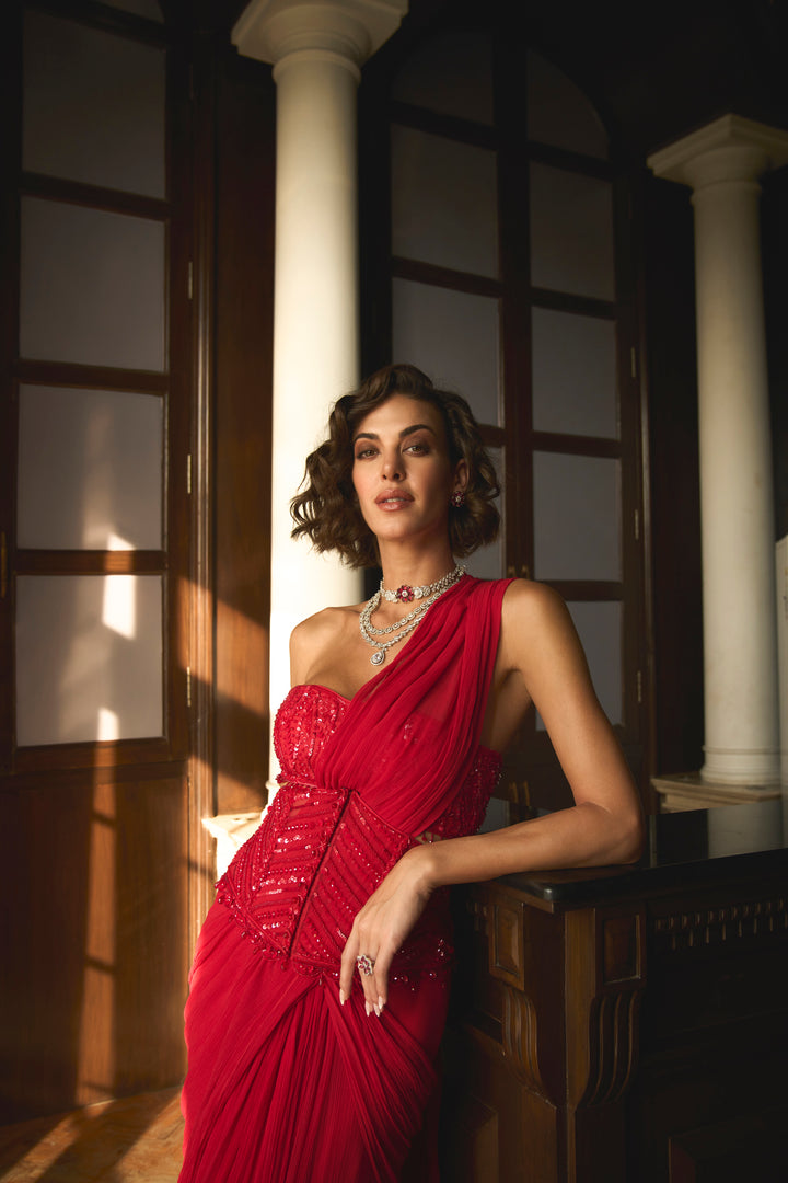Red Bustier And Corset Saree