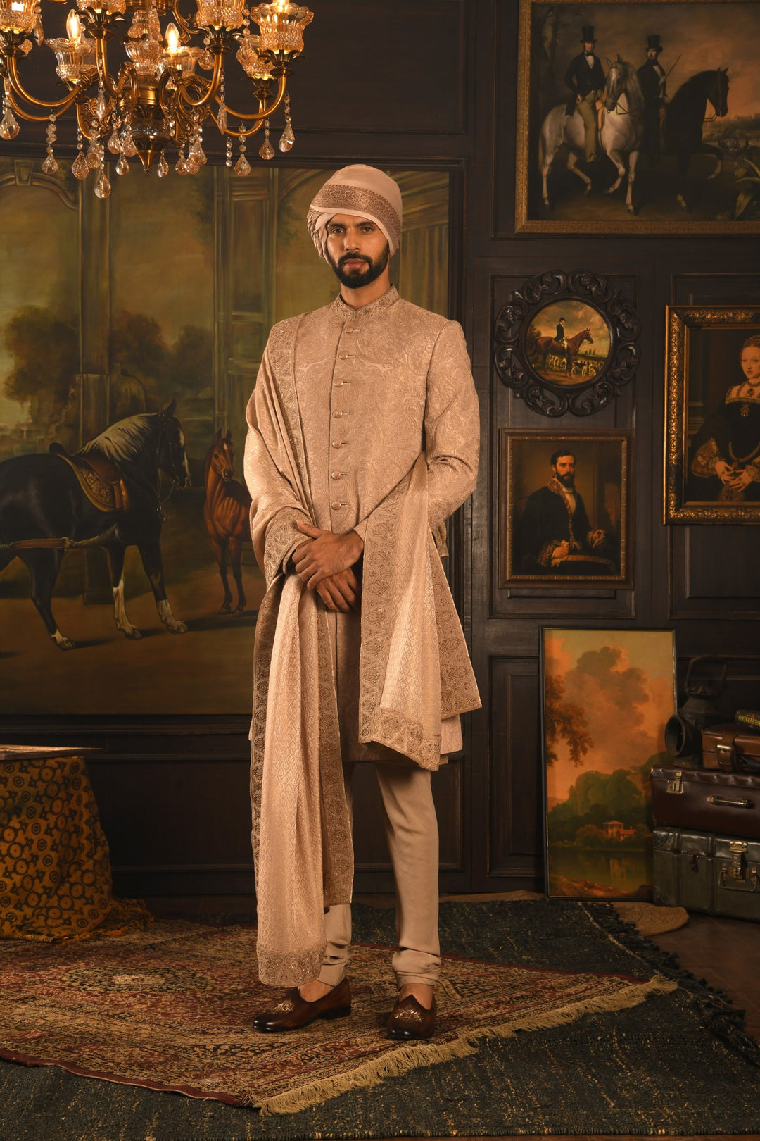Regal Rose Gold Sherwani: A Fusion Of Dori And Zardozi Embroidery
