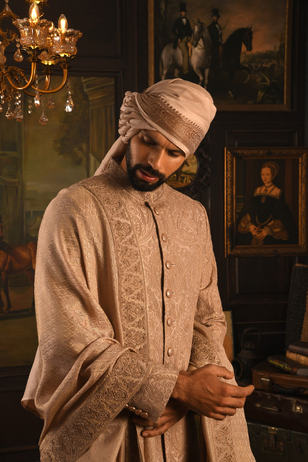 Regal Rose Gold Sherwani: A Fusion Of Dori And Zardozi Embroidery