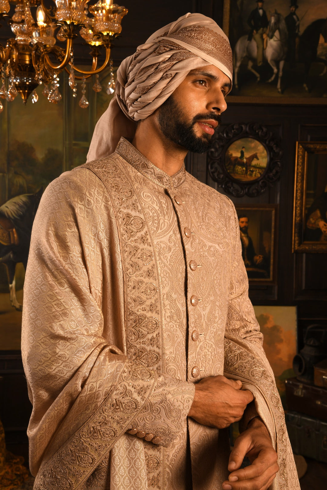 Regal Rose Gold Sherwani: A Fusion Of Dori And Zardozi Embroidery