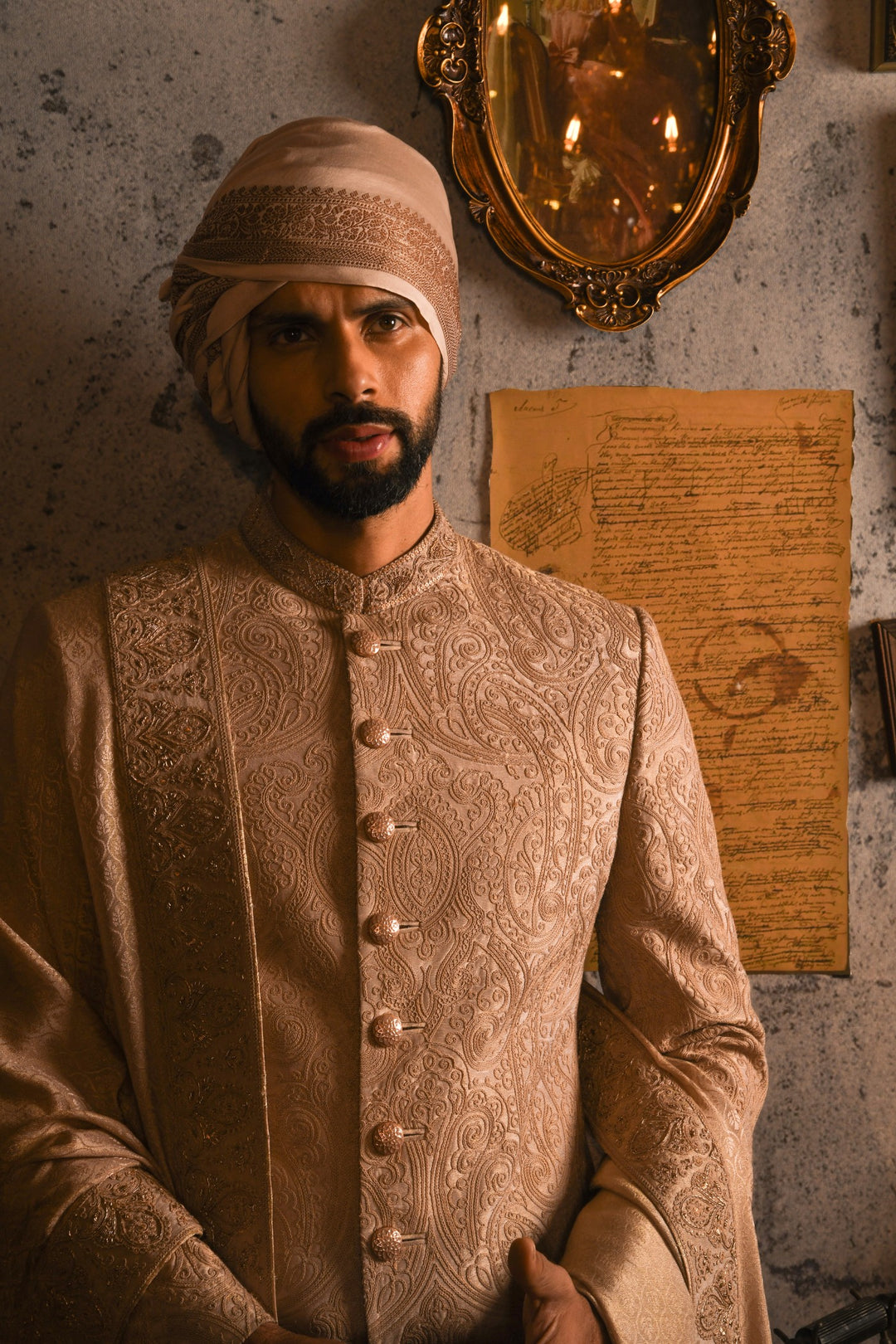 Regal Rose Gold Sherwani: A Fusion Of Dori And Zardozi Embroidery