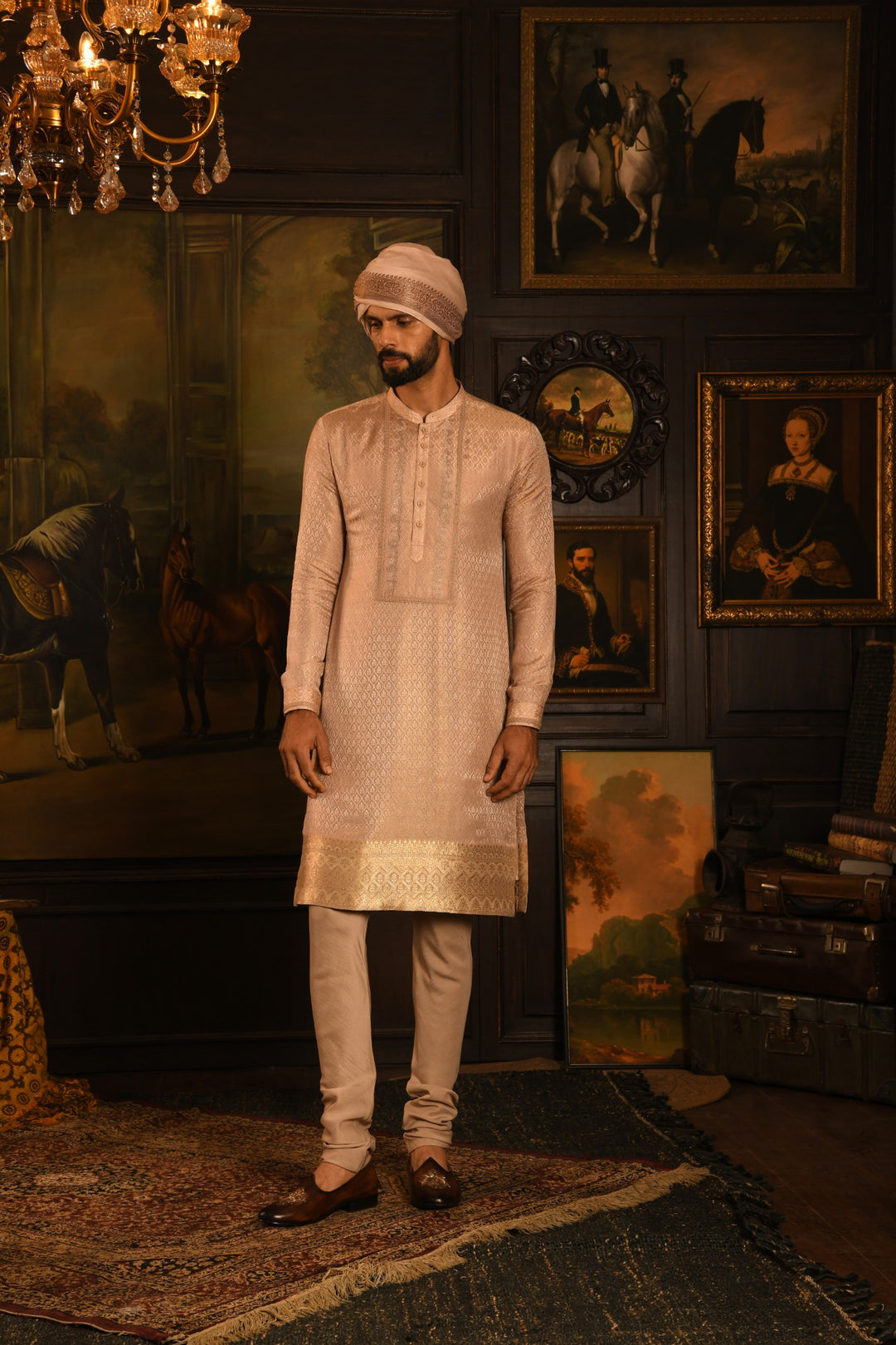 Regal Rose Gold Sherwani: A Fusion Of Dori And Zardozi Embroidery