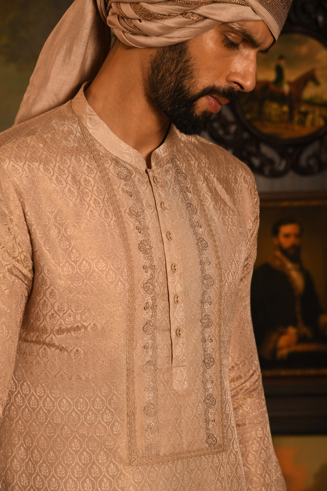Regal Rose Gold Sherwani: A Fusion Of Dori And Zardozi Embroidery