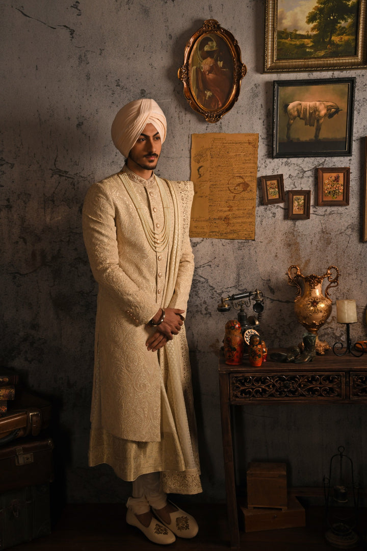 Timeless Heritage Sherwani: A Cream Masterpiece For The Groom