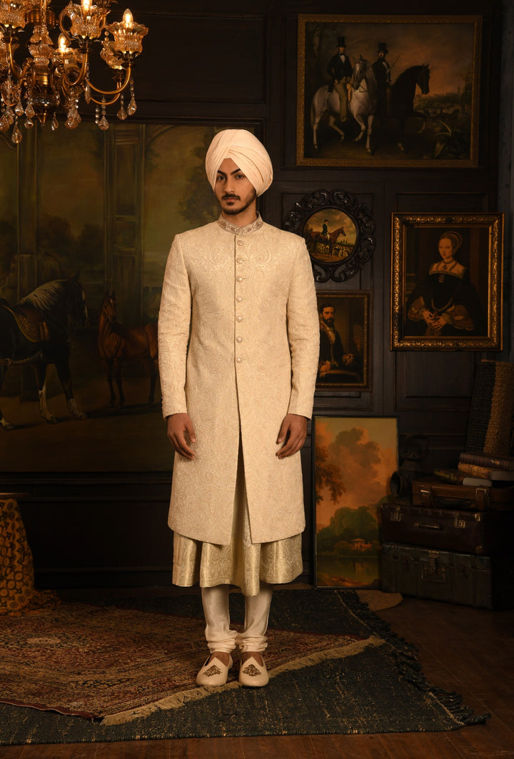 Timeless Heritage Sherwani: A Cream Masterpiece For The Groom