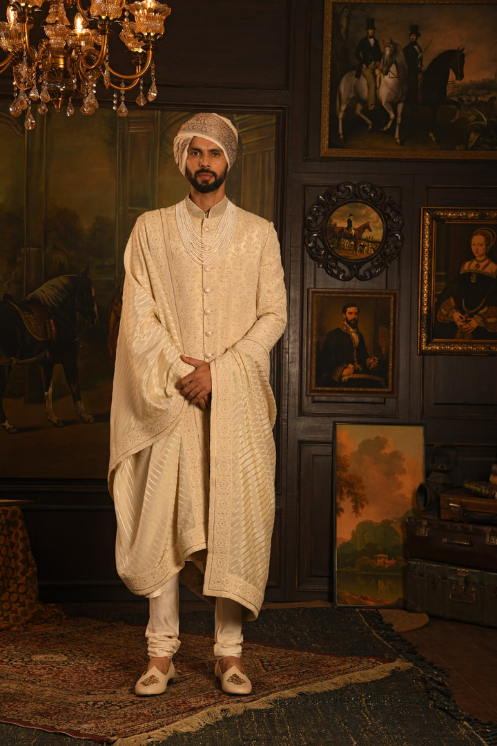 Light Beige Splendour Sherwani: A Classic Touch Of Royal Elegance
