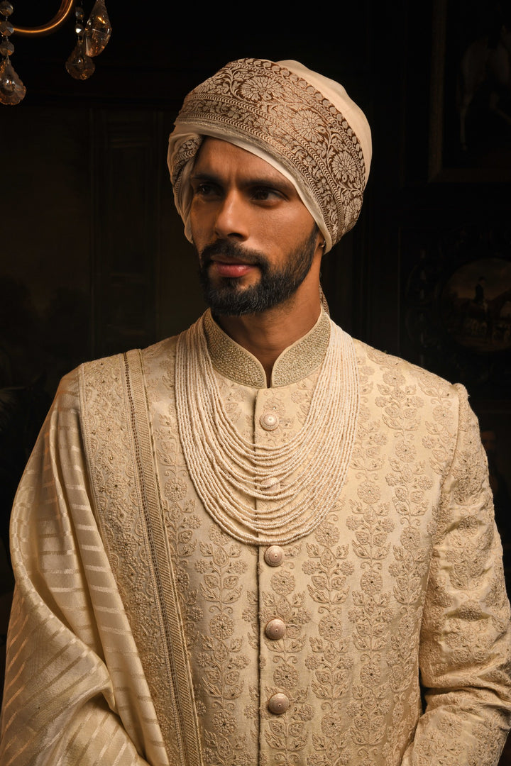 Light Beige Splendour Sherwani: A Classic Touch Of Royal Elegance