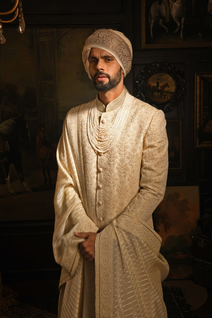 Light Beige Splendour Sherwani: A Classic Touch Of Royal Elegance