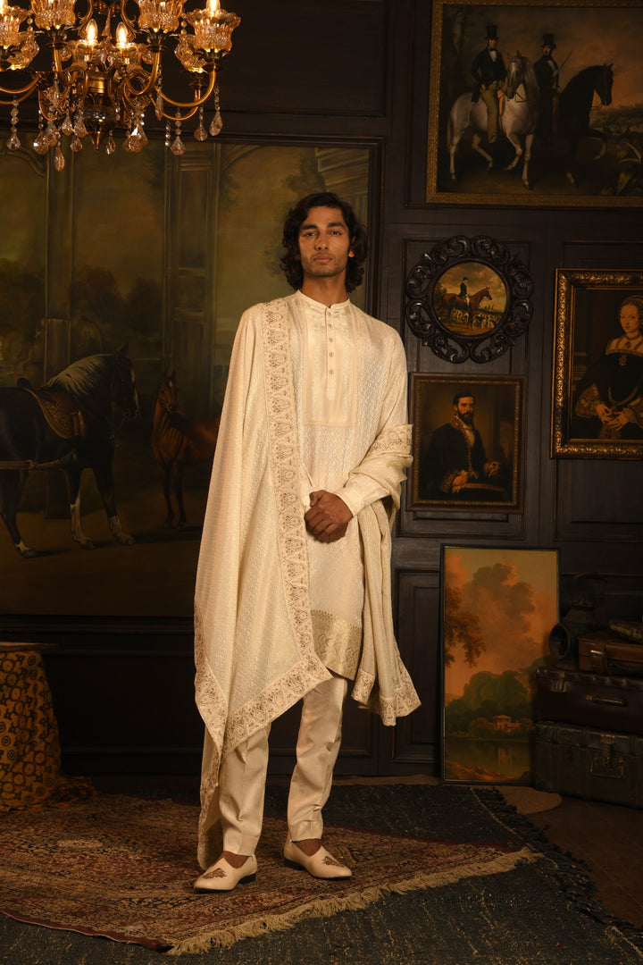 Royal Elegance Sherwani: Light Beige With Zardozi Embroidery