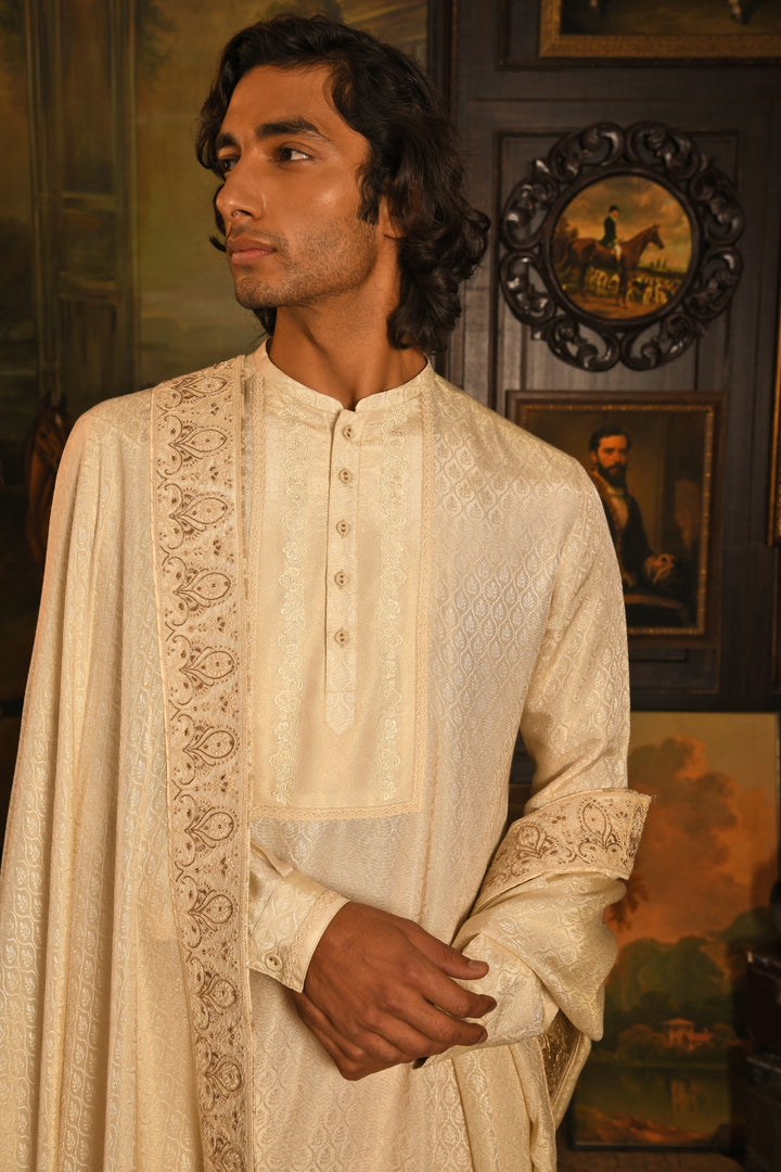 Royal Elegance Sherwani: Light Beige With Zardozi Embroidery