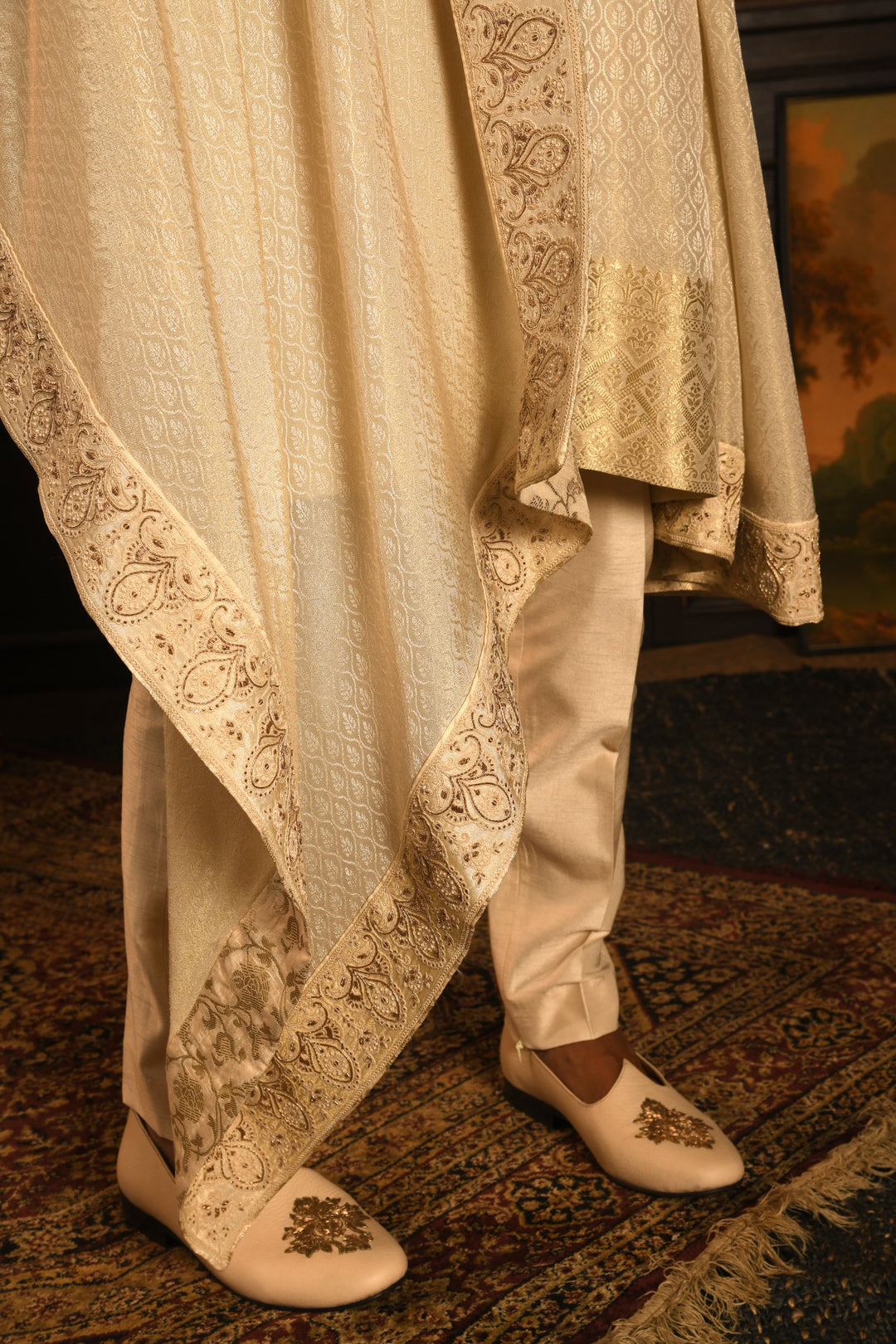 Royal Elegance Sherwani: Light Beige With Zardozi Embroidery