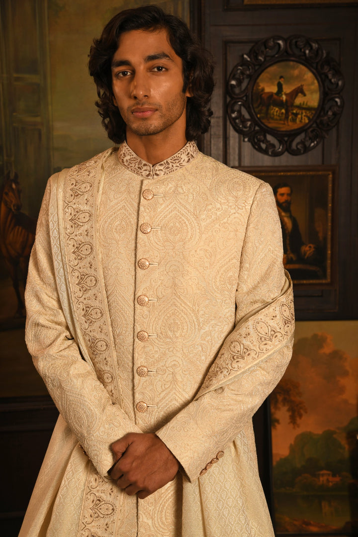 Royal Elegance Sherwani: Light Beige With Zardozi Embroidery
