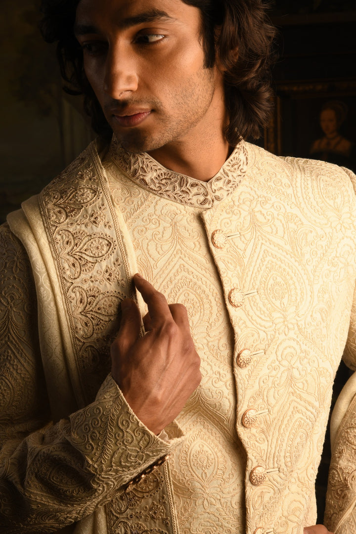 Royal Elegance Sherwani: Light Beige With Zardozi Embroidery