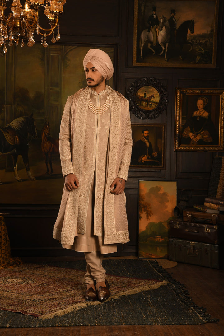 Monochromatic Majesty: Rose Gold Anarkali Sherwani Of Subtle Luxury