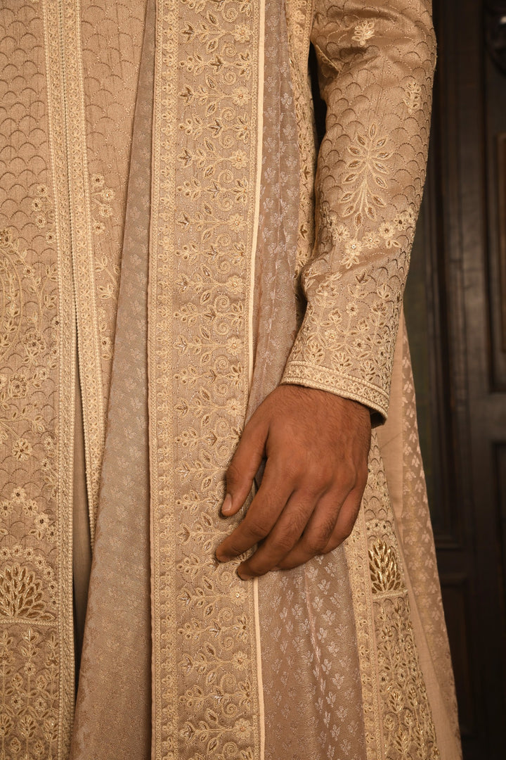 Monochromatic Majesty: Rose Gold Anarkali Sherwani Of Subtle Luxury