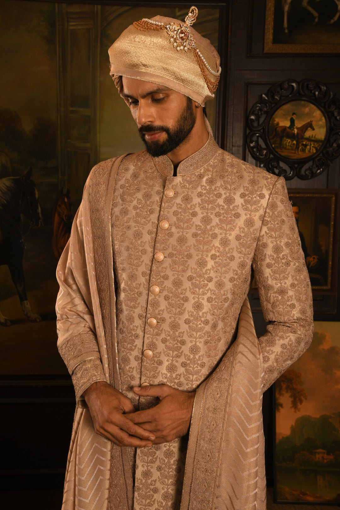 Rose Gold Grandeur Sherwani: A Legacy Of Royal Elegance