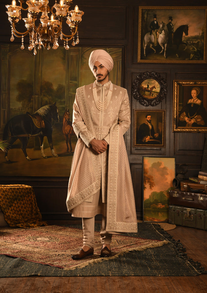 Monochromatic Majesty: Rose Gold Anarkali Sherwani Of Subtle Luxury