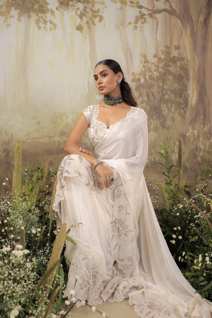Ivory Chiffon Ruffle Saree Set