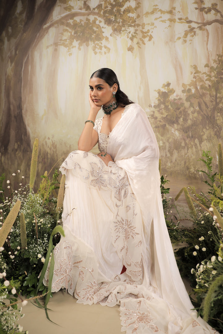 Ivory Chiffon Ruffle Saree Set