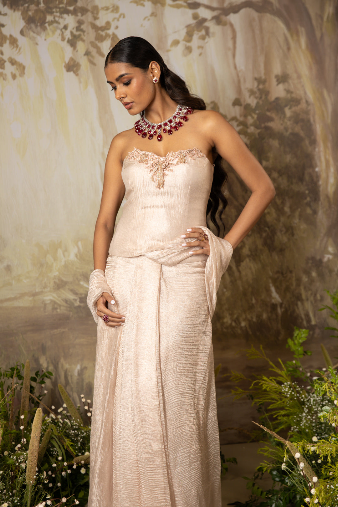 Blush Beige Corset Draped Saree Set