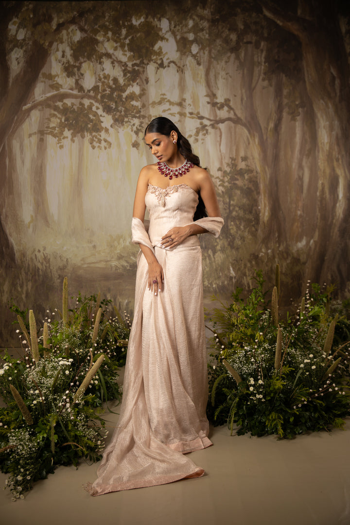 Blush Beige Corset Draped Saree Set