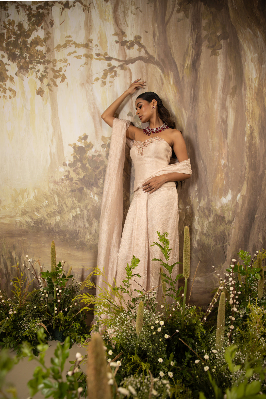 Blush Beige Corset Draped Saree Set
