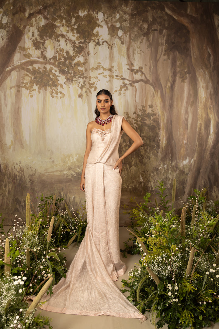 Blush Beige Corset Draped Saree Set