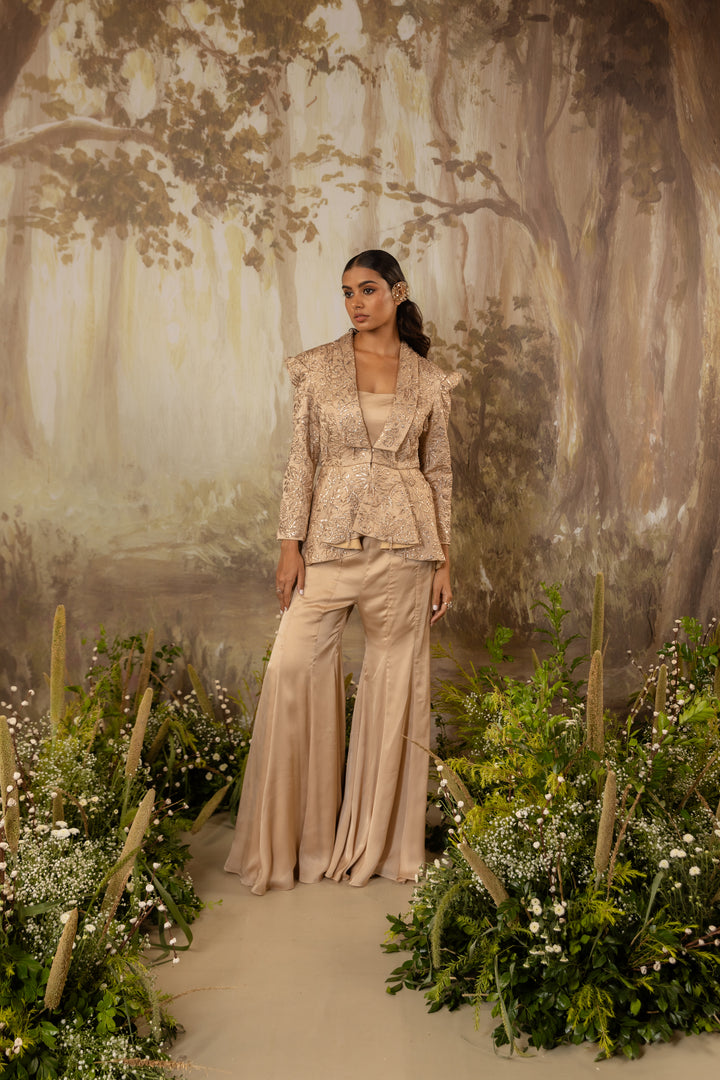Champagne Beige Peplum Tasseled Jacket Set