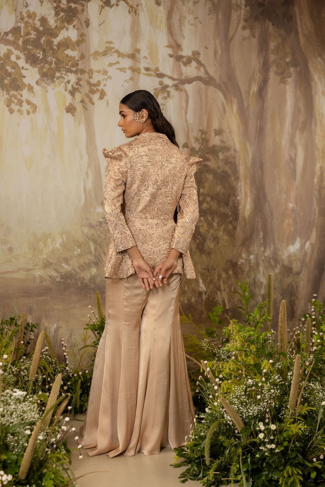 Champagne Beige Peplum Tasseled Jacket Set