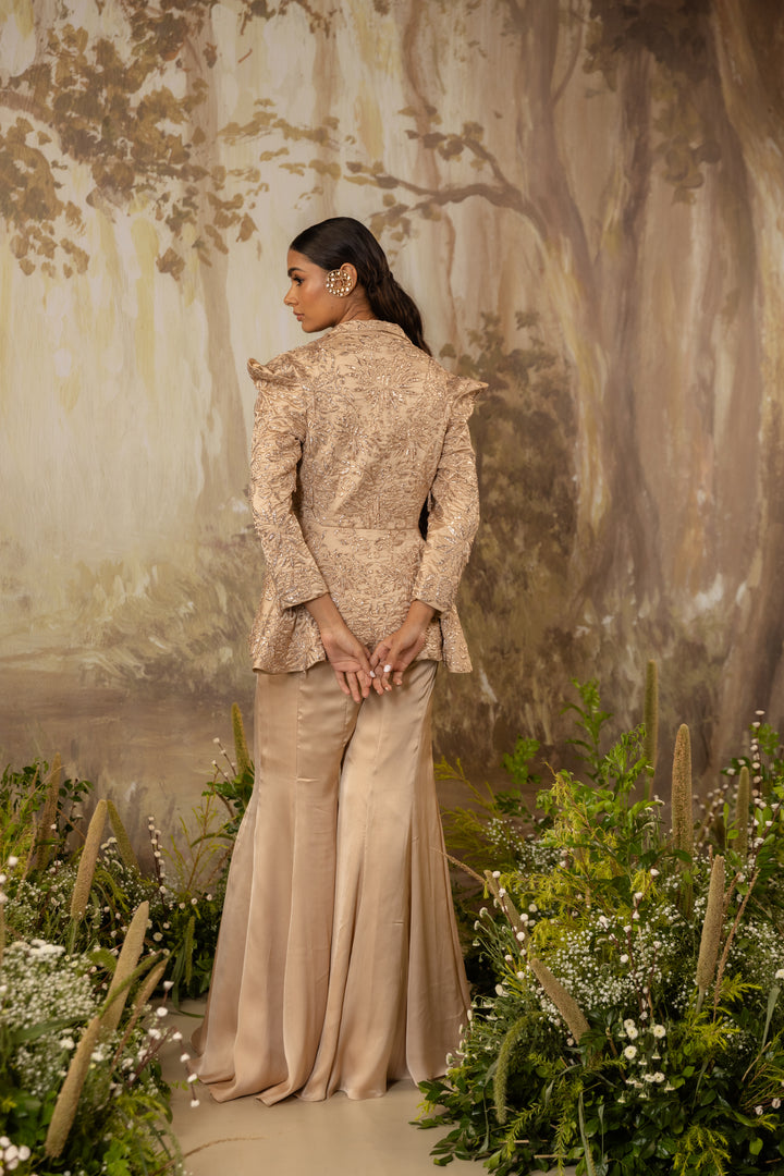 Champagne Beige Peplum Tasseled Jacket Set