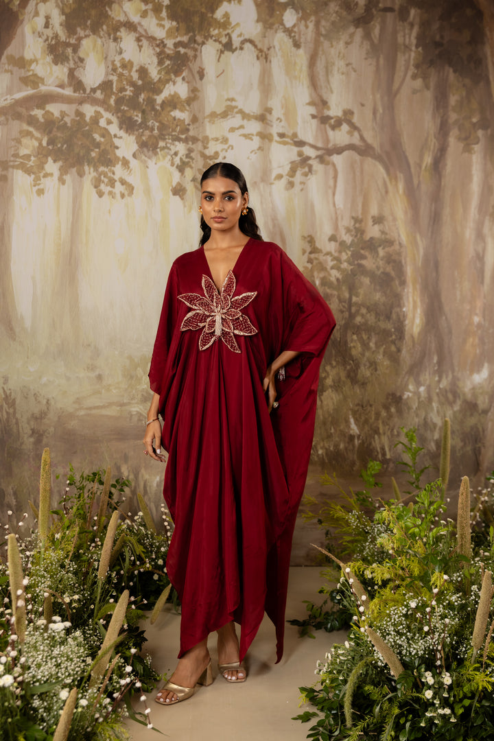 Deep Red 3D Floral Kaftan