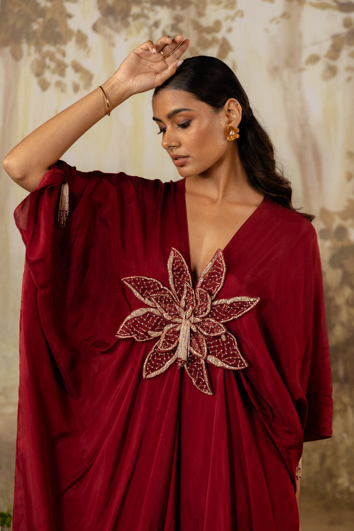 Deep Red 3D Floral Kaftan