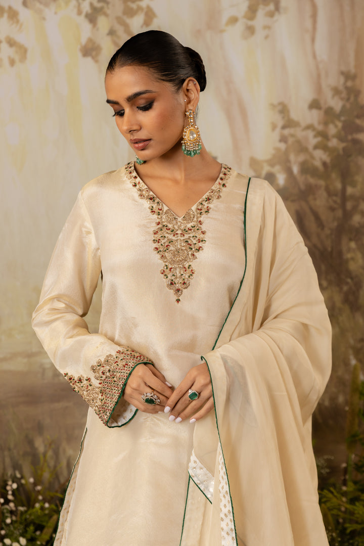 Blush Champagne Tissue Embroidered Kurta Set
