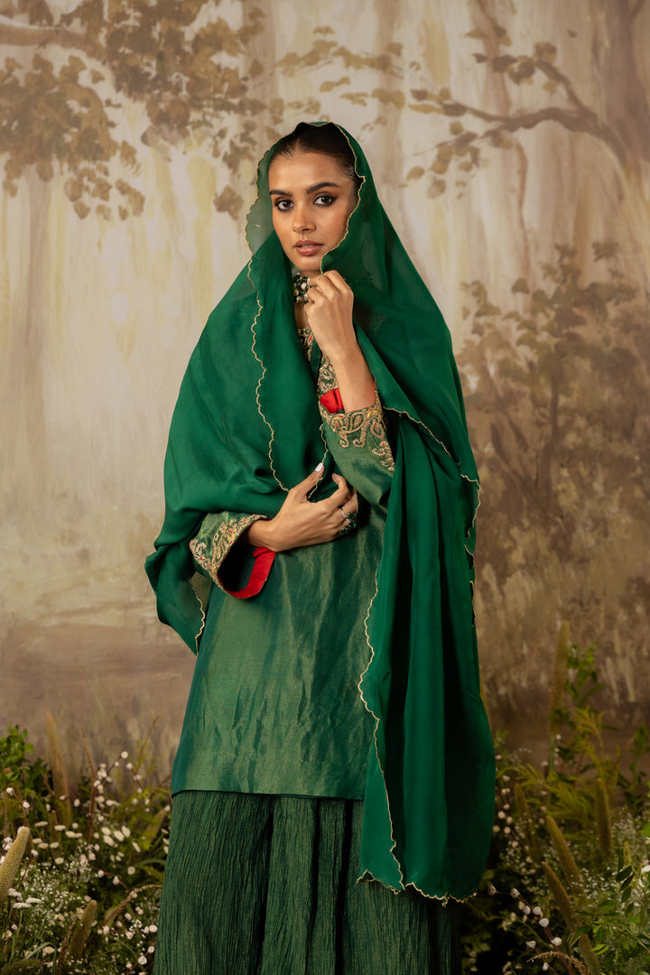 Emerald Green Tissue Embroidered Kurta Set