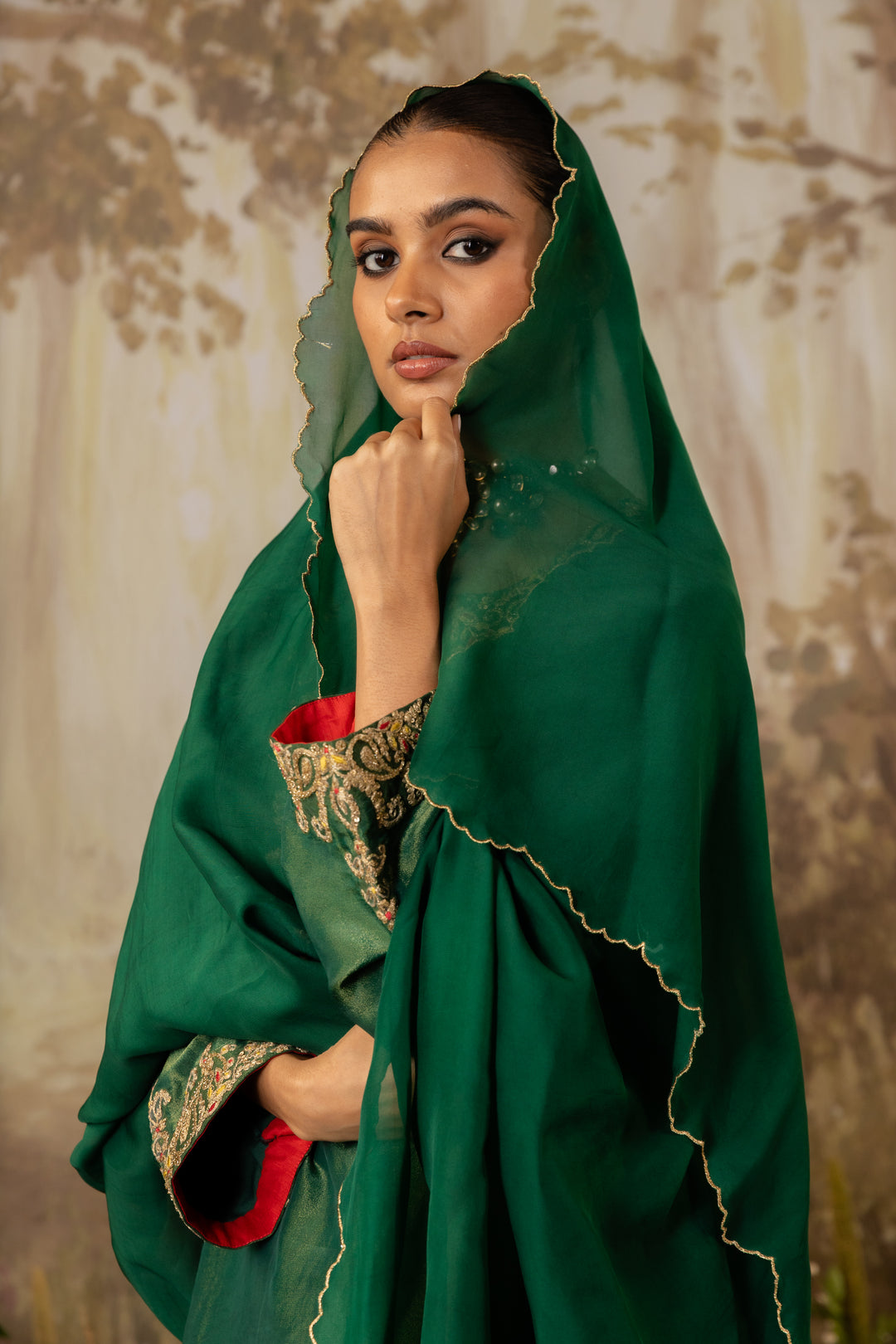 Emerald Green Tissue Embroidered Kurta Set